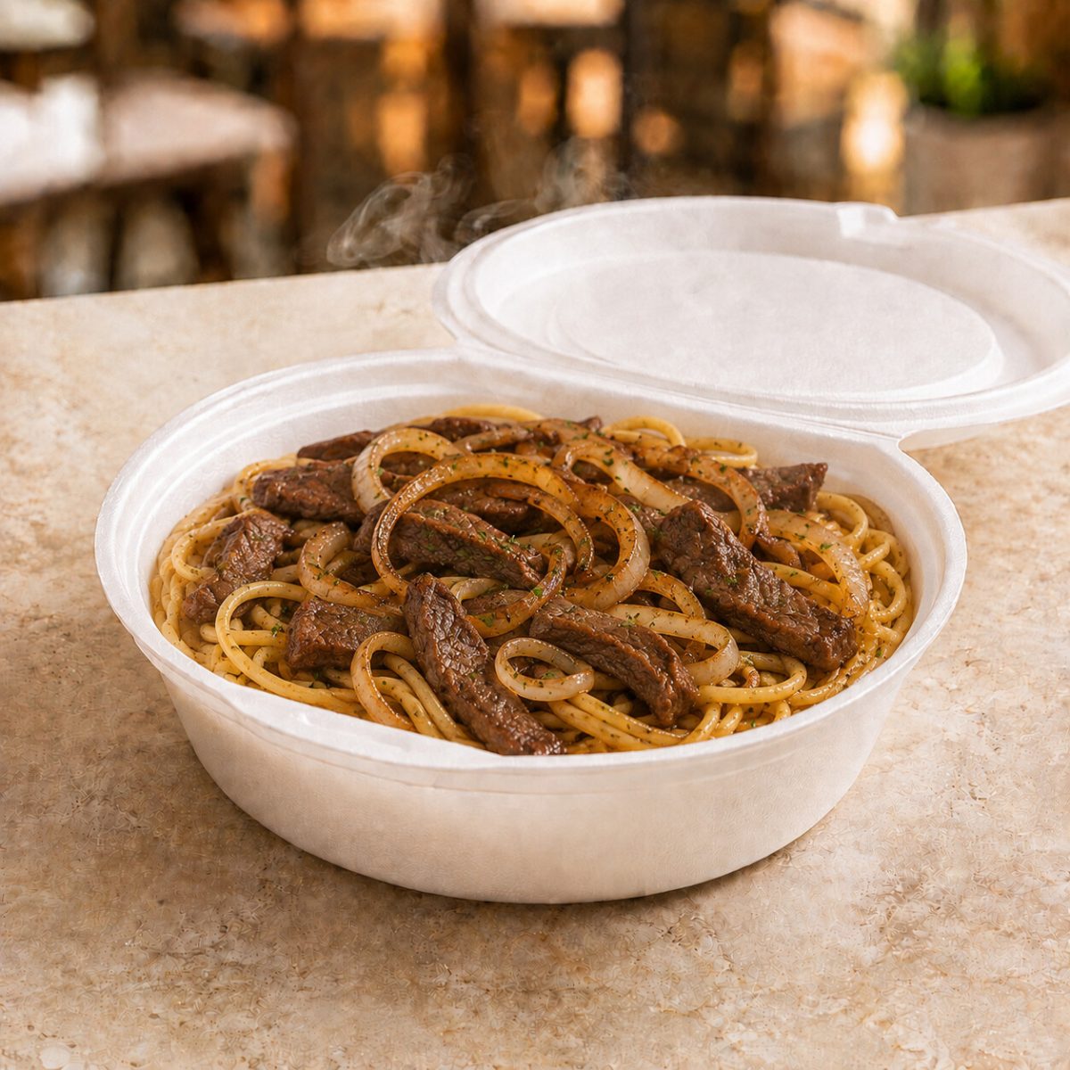 Macarrão ao Bife Acebolado